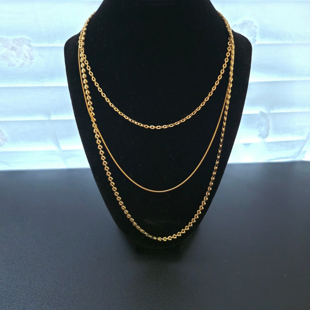 18K Gold Plated Stainless Steel Triple Layered Necklace Set 16 20 22 Inch Chains